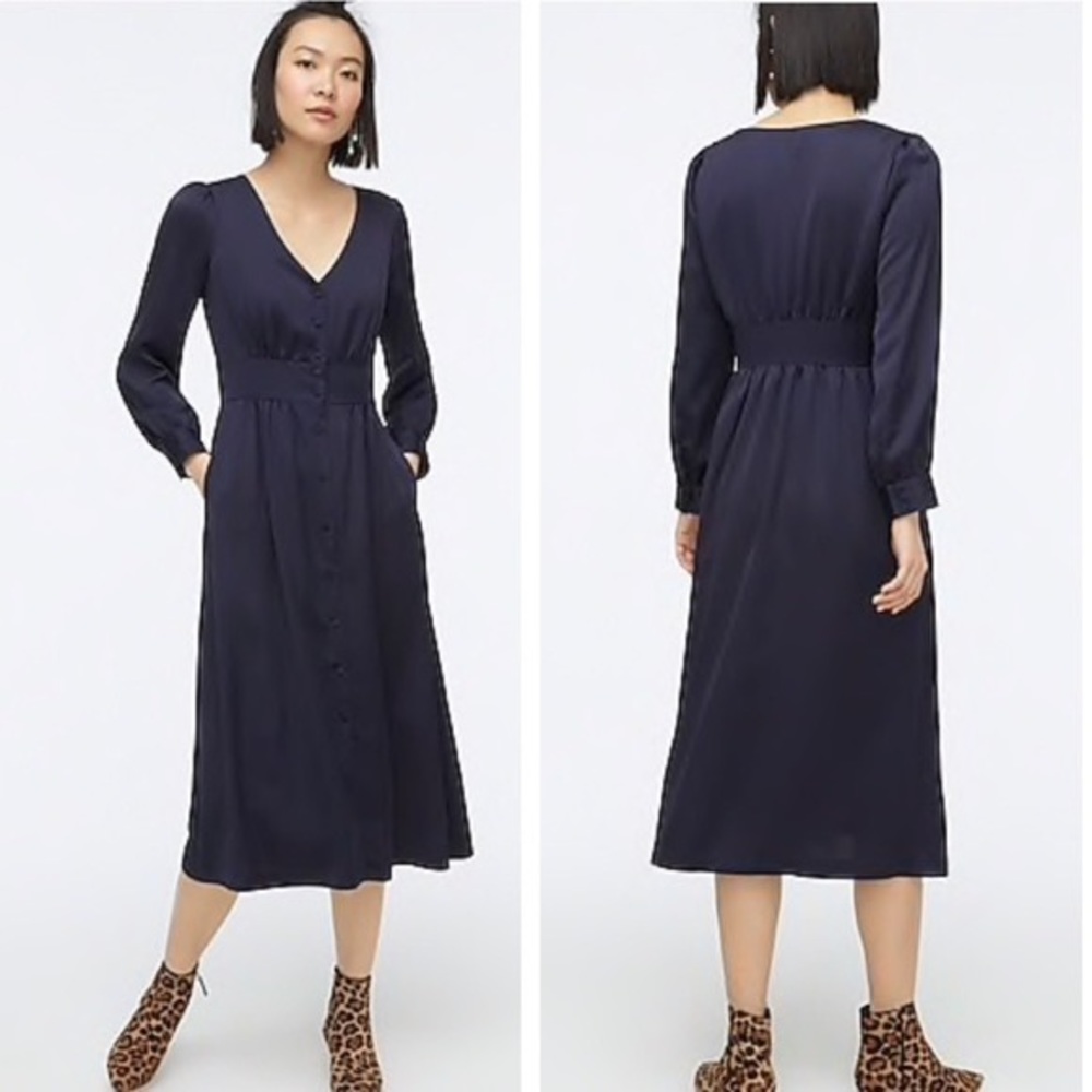 NWT J. Crew button front a line midi dress navy blue modest long sleeve satin 8